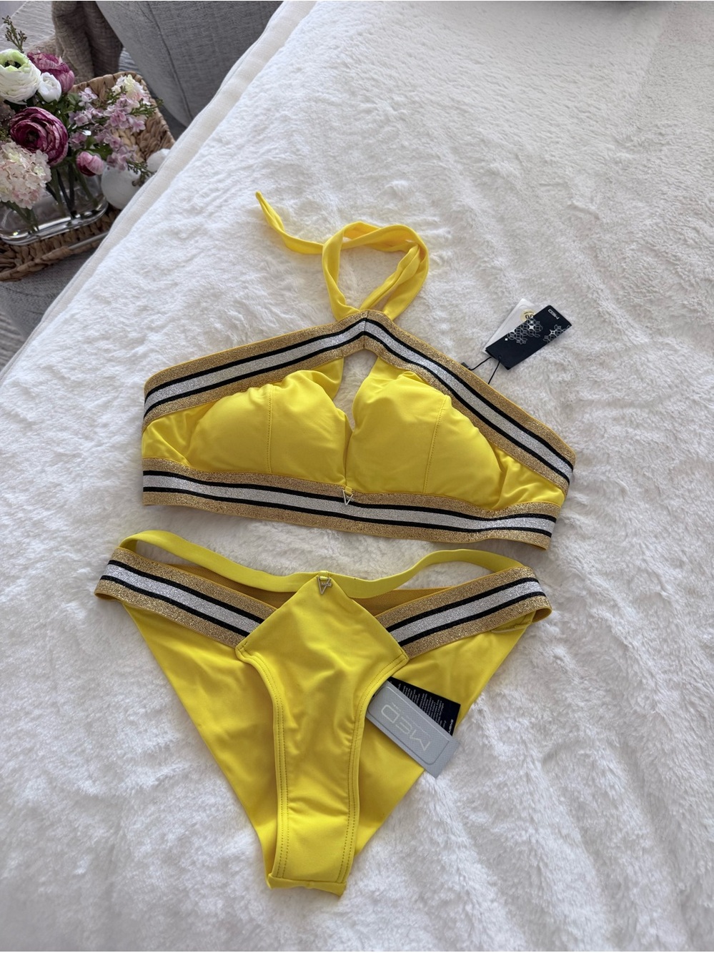 ME Makeover Essentials Yellow Women's Bikini Set with Striped Waistband - Picture 2 of 7